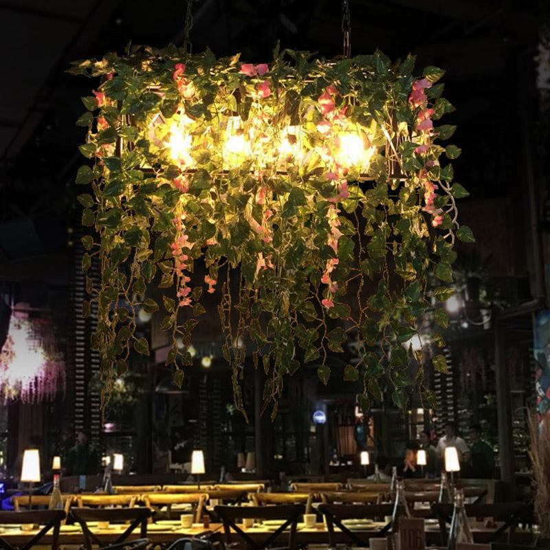 Retro Metal 4-Head Led Island Ceiling Light With Plant Decor For Restaurants Black