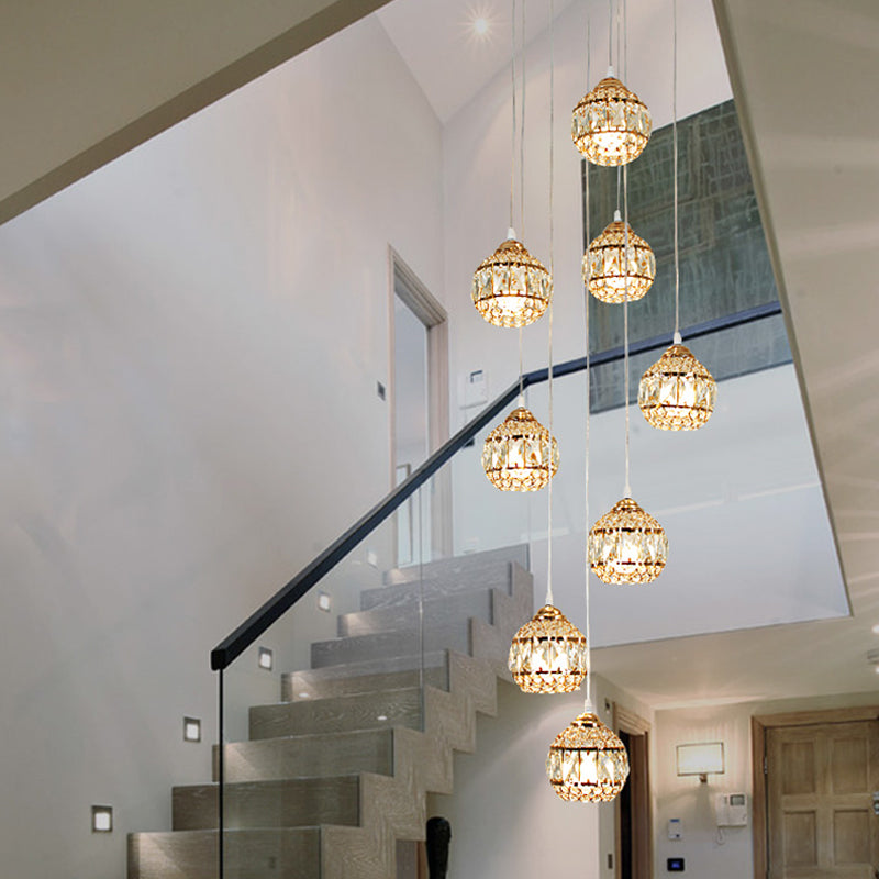 Stylish 8-Light Meteor Shower Crystal Pendant Ceiling Light In Modern Gold For Staircases
