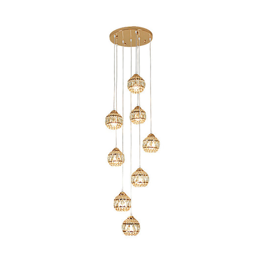 Stylish 8-Light Meteor Shower Crystal Pendant Ceiling Light In Modern Gold For Staircases