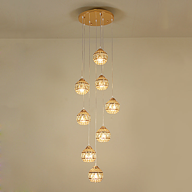 Modern Gold Crystal Pendant Light Cluster with 8 Lights for Stair - Meteor Shower Inspired Hanging Ceiling Fixture