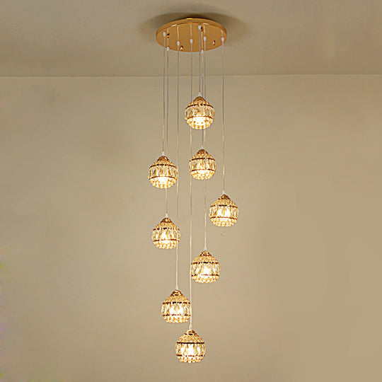 Stylish 8-Light Meteor Shower Crystal Pendant Ceiling Light In Modern Gold For Staircases