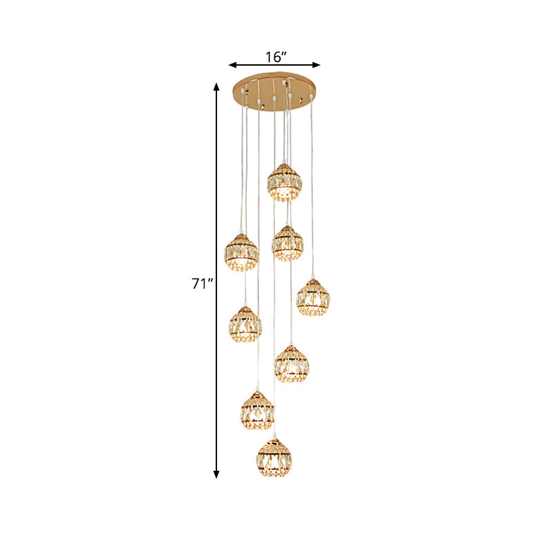 Modern Gold Crystal Pendant Light Cluster with 8 Lights for Stair - Meteor Shower Inspired Hanging Ceiling Fixture