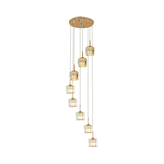 Modern Gold Crystal Mini Drum Pendant Light with Spiral Design - 8 Bulbs