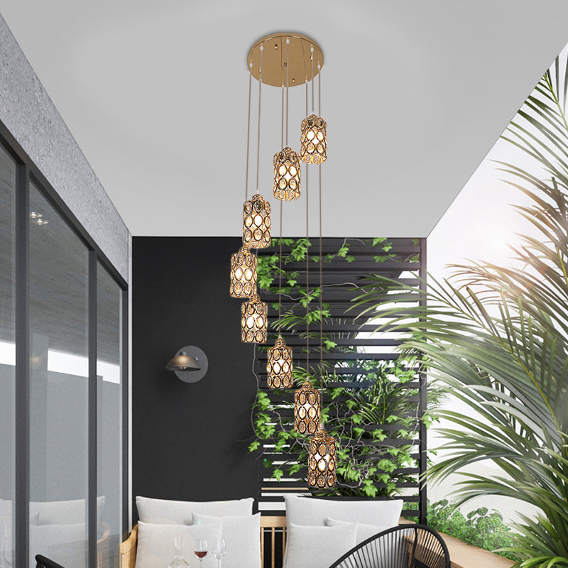 Contemporary Gold Stair Pendant with Crystal Cylinder Shades - 8-Head Multi-Light Hanging Lamp