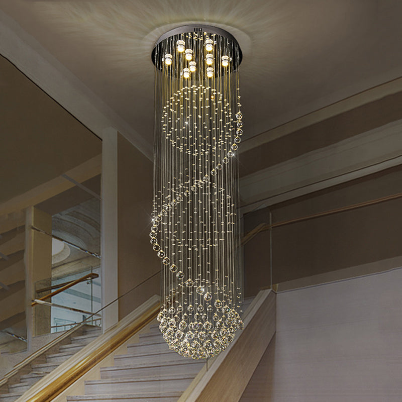 Modern Black Crystal Pendant with Clear Orbs and Rods - 9-Bulb LED Ceiling Fixture for Staircase