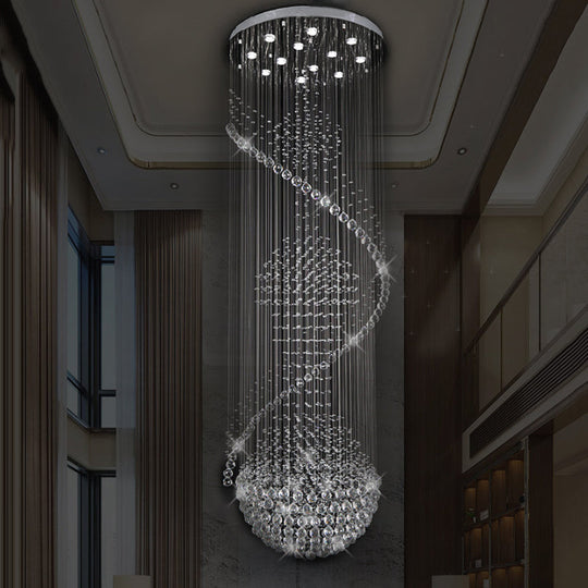Modernist Silver Crystal LED Cluster Pendant Light with 12 Hanging Lamp Heads, Orbs, and Rods
