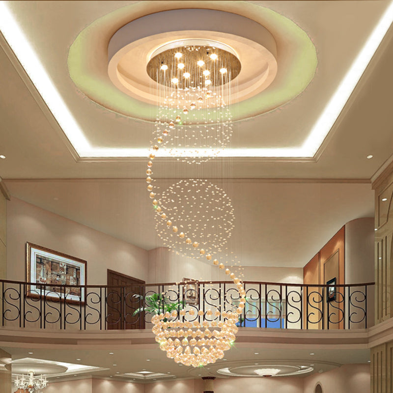 Modern Crystal Ball Pendant - Silver 10-Light Hanging Light For Stairway