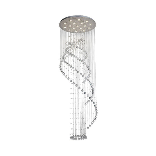 Sleek LED Ceiling Light: Modernist Spiral Design, 17 Bulbs, Clear Crystal Cluster Pendant in Silver