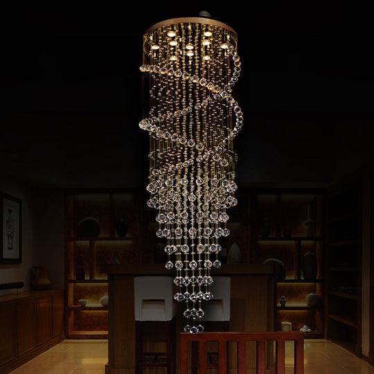 Modern 10-Head Spiral Hanging Lamp with Brass Finish, Clear Crystals, and LED Lights