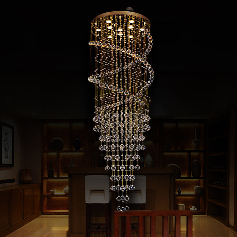 Modern Brass Clear Crystal Led Pendant Lamp With 10-Head Spiral Cascades