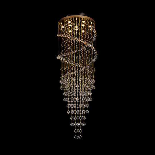 Modern 10-Head Spiral Hanging Lamp with Brass Finish, Clear Crystals, and LED Lights