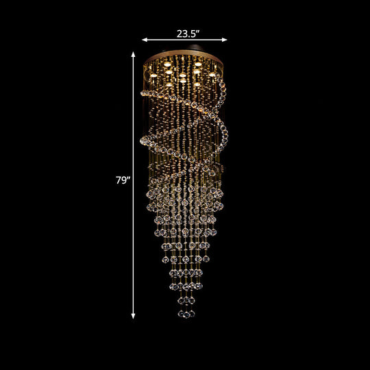Modern Brass Clear Crystal Led Pendant Lamp With 10-Head Spiral Cascades