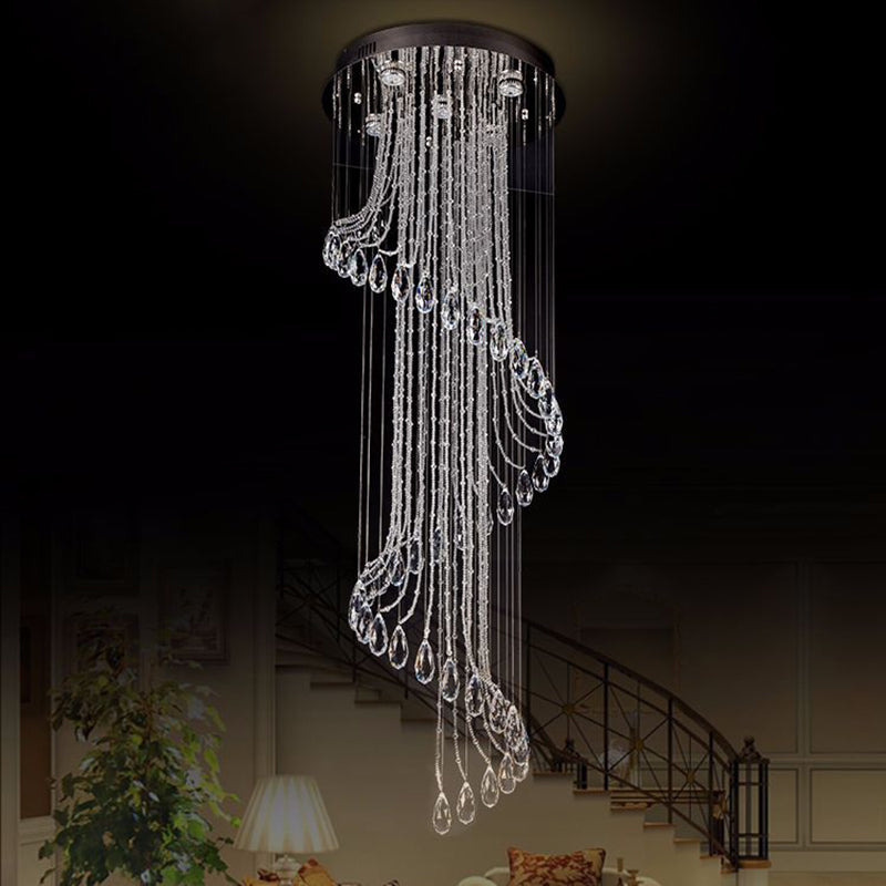 5-Light Black Led Ceiling Pendant With Clear Crystal Spiral Cluster For Contemporary Living Room