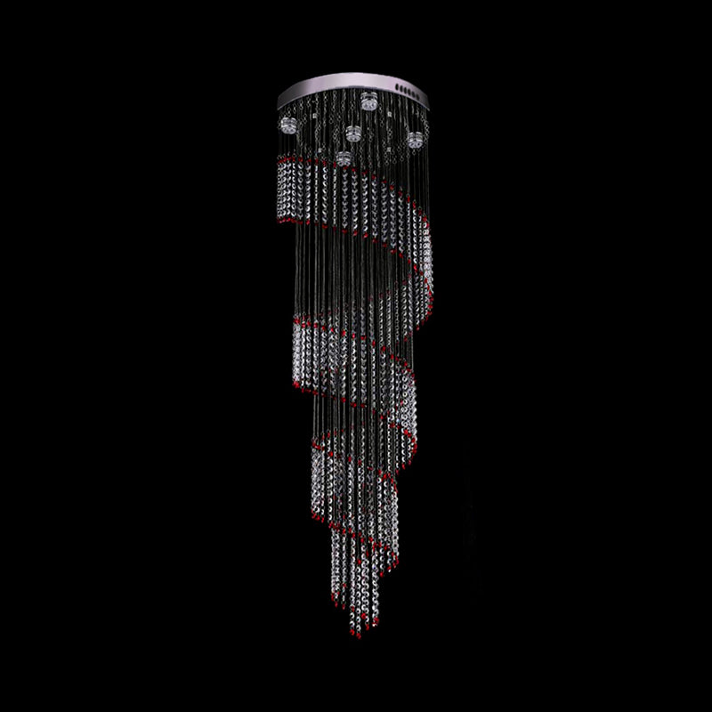 Spiral Cascade Hanging Lamp - Modern Silver with Clear and Red Crystal LED Pendant, Set of 5 Bulbs