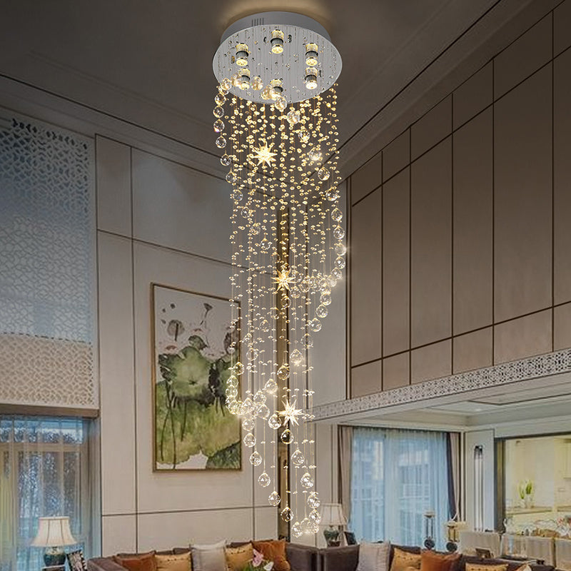 Modern Crystal Silver Waterfall Pendant Light with LED, 6 Head Ceiling Suspension Lamp