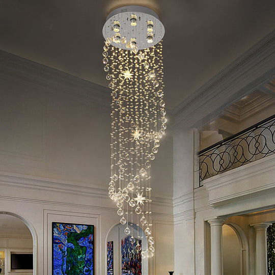 Modern Crystal Silver Waterfall Pendant Light with LED, 6 Head Ceiling Suspension Lamp