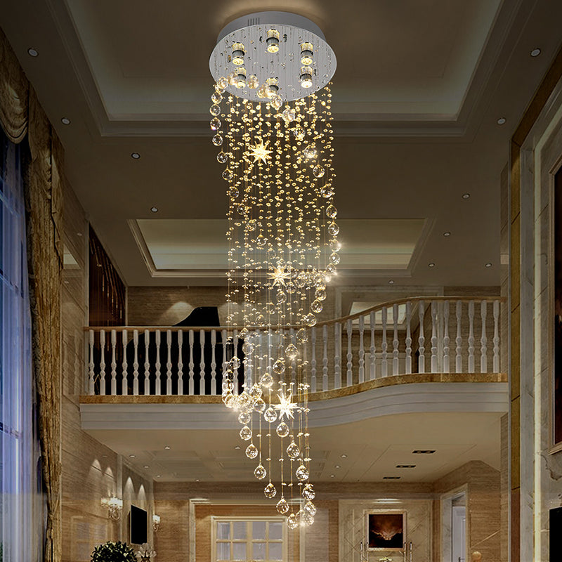 Modern Crystal Silver Waterfall Pendant Light with LED, 6 Head Ceiling Suspension Lamp