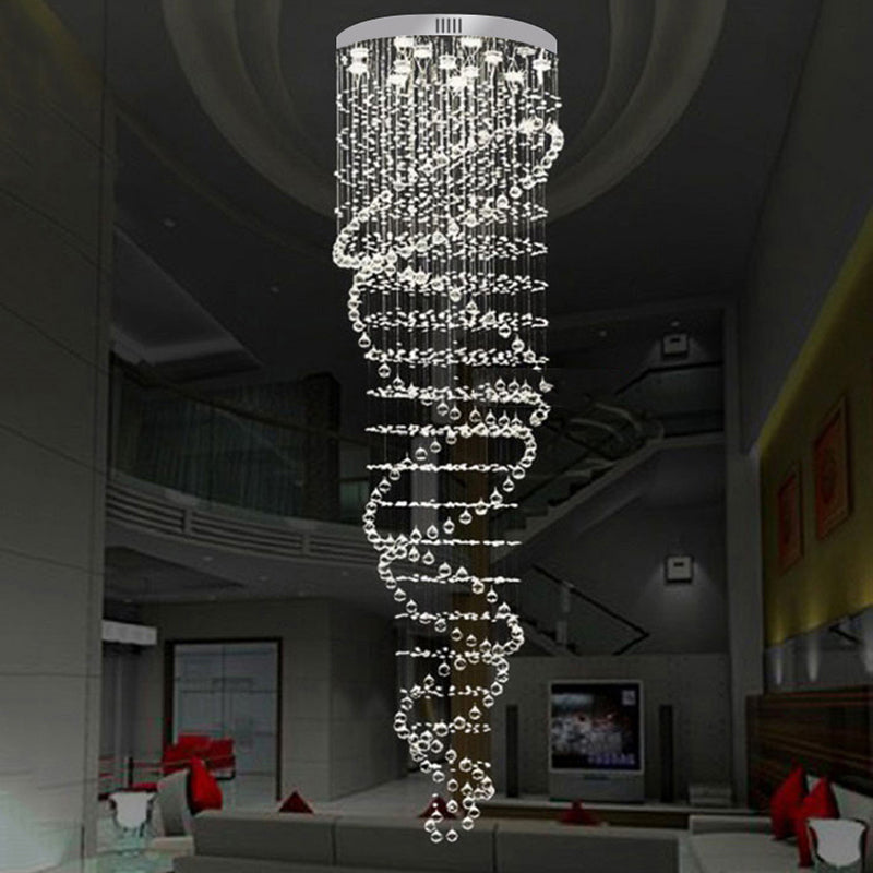 Contemporary 13-Light Stair Led Pendant Light In Silver With Clear Crystal Cascades