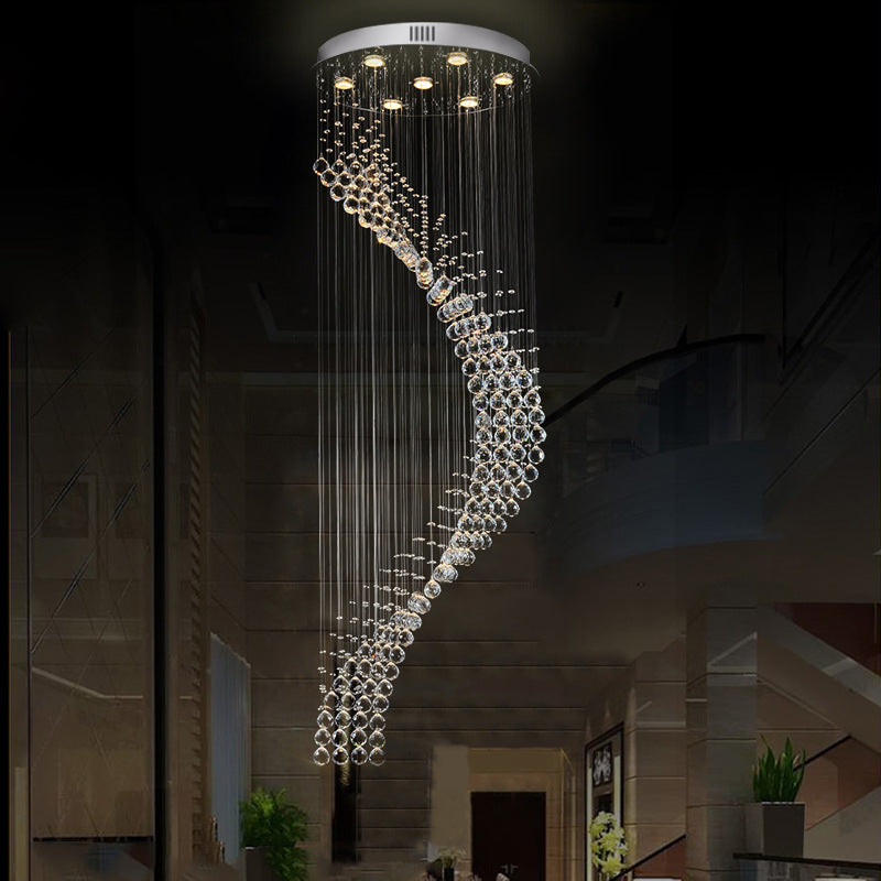 Sleek Silver Modernist Spiral Ceiling Light With Multi Bulbs - Crystal Pendant Lamp