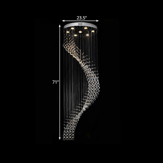 Sleek Silver Modernist Spiral Ceiling Light With Multi Bulbs - Crystal Pendant Lamp