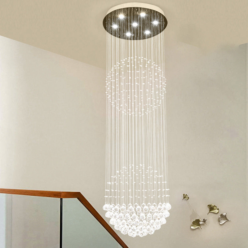 Modern LED Pendant Lamp with 7 Crystals for Stairway - Clear White Cascading Design
