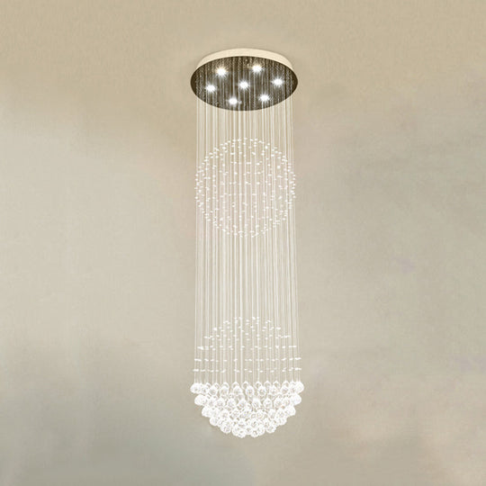 Modern LED Pendant Lamp with 7 Crystals for Stairway - Clear White Cascading Design