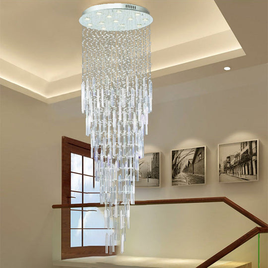 Modern Crystal Multi-Pendant Chandelier With 13 Silver Orb And Rod Lights For Stairways