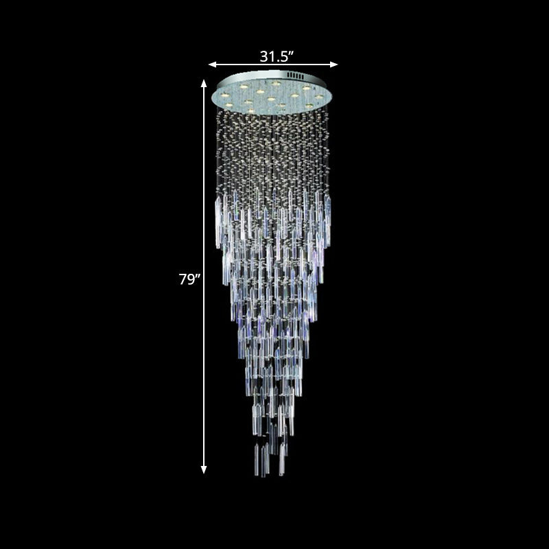Modern Crystal Multi-Pendant Chandelier With 13 Silver Orb And Rod Lights For Stairways