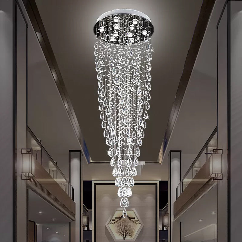 Modern Raindrop Crystal Pendant With 9 Led Lights In Silver Finish