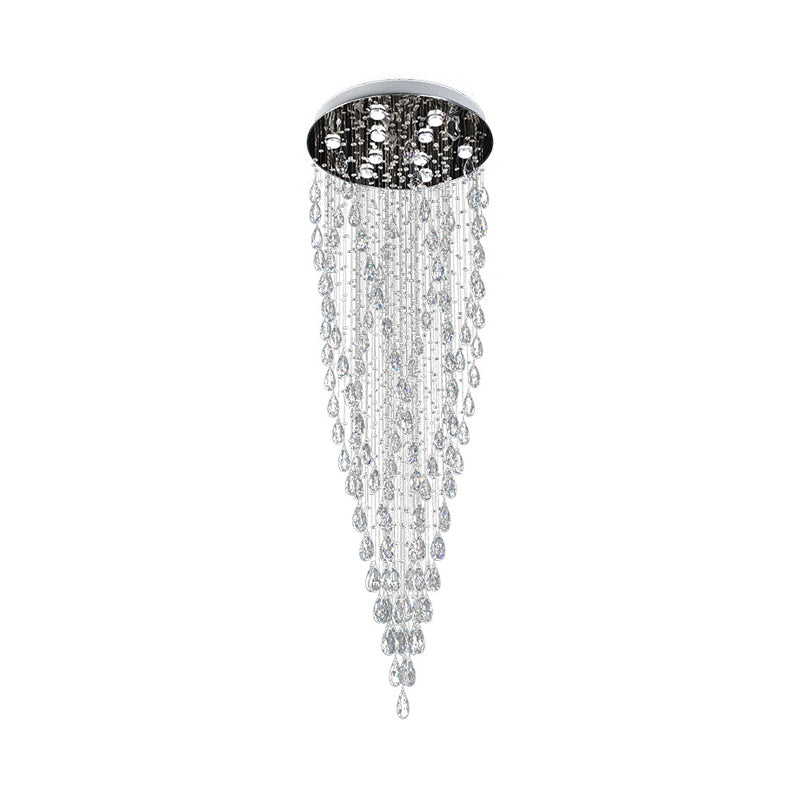 Modern Raindrop Crystal Pendant With 9 Led Lights In Silver Finish