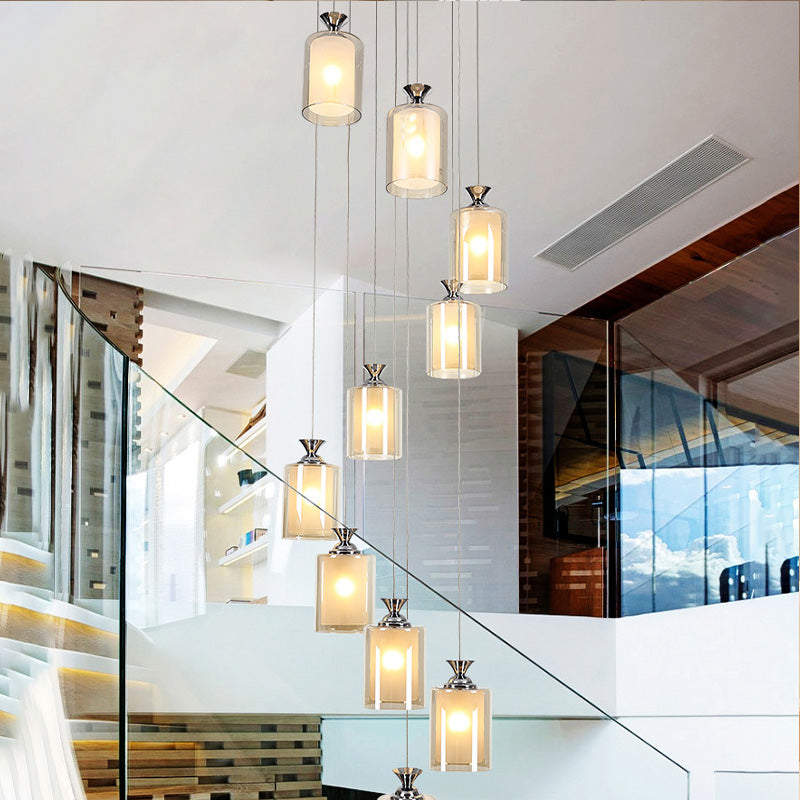 Modern Clear Glass 10-Light Silver Globe/Cylinder Cluster Pendant for Stair Ceiling