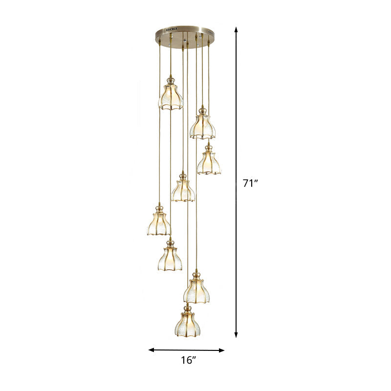 Gold Colonial Spiral Ceiling Light With Frosted Glass Shade - 8 Bulbs Pendant Lamp In Metal Cluster