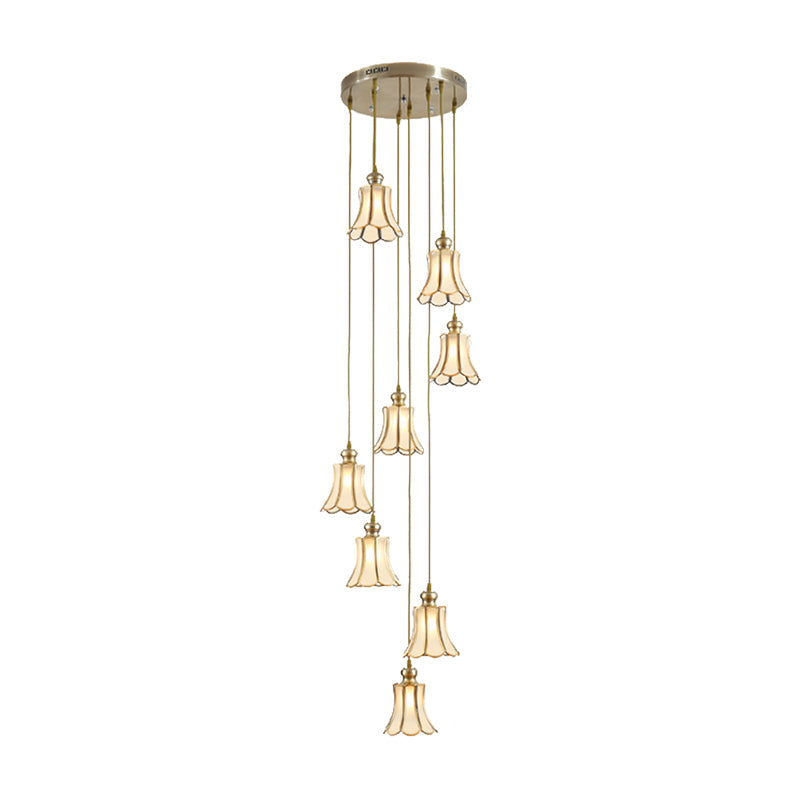 Minimalist Opal Frosted Glass 8-Light Gold Flower Stair Pendant Lamp