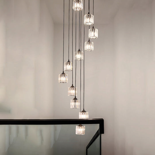 Contemporary Black Cylinder Crystal Pendant With 12 Lights - Perfect For Living Room Lighting