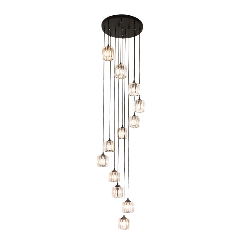 Contemporary Black Cylinder Crystal Pendant - 12 Light Hanging Lamp for Living Room