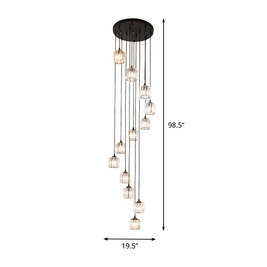 Contemporary Black Cylinder Crystal Pendant - 12 Light Hanging Lamp for Living Room