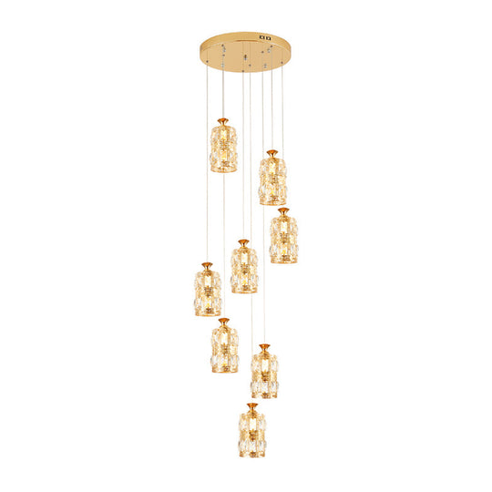 Modern Gold Crystal Pendant Light With 8 Bulb Cluster - Cylindrical Hanging Ceiling Lamp