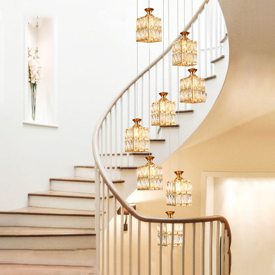 Contemporary Crystal Gold Cube Chandelier - 8-Bulb Suspension Lamp for Stairs