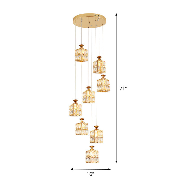 Contemporary Crystal Gold Cube Suspension Lamp - 8-Bulb Stair Pendant Chandelier