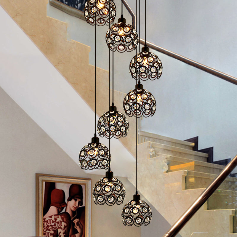 Modern Crystal Dome Chandelier - White/Black 8-Bulb Ceiling Light for Living Room