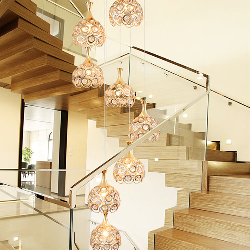 Minimalist Crystal Dome Stair Cluster Pendant Lamp - 8 Lights Gold Suspension Fixture