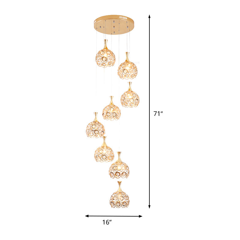 Minimalist Crystal 8-Light Dome Pendant Lamp in Gold Suspension Fixture