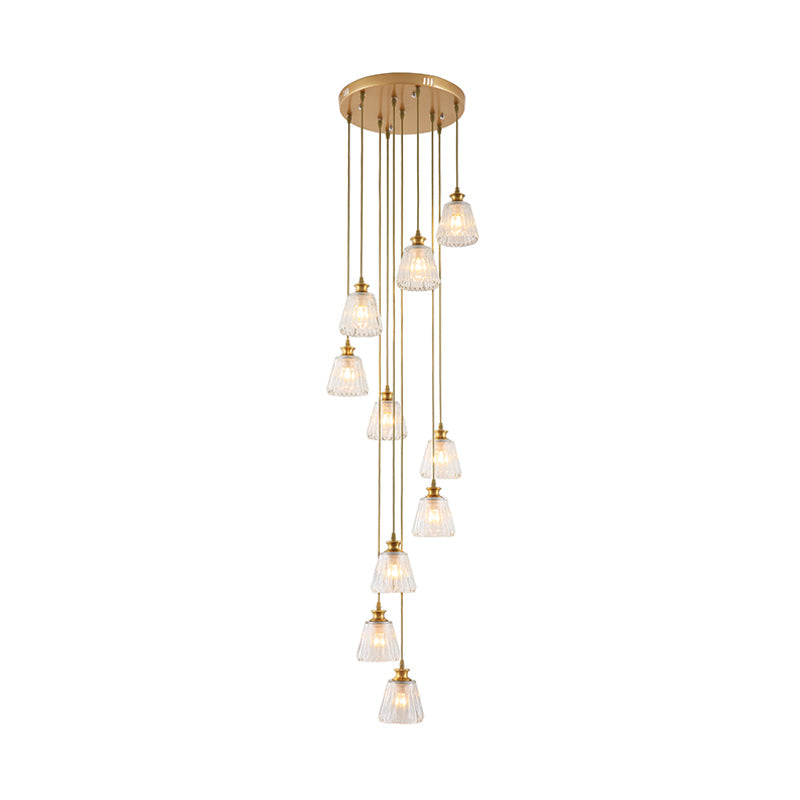 Contemporary 10-Head Crystal Gold Pendant Lamp Fixture In Cup Shape