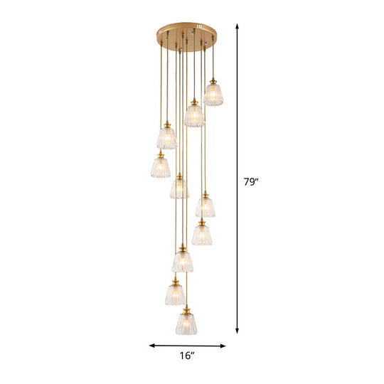 Contemporary 10-Head Crystal Gold Pendant Lamp Fixture In Cup Shape