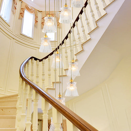 Modern Gold Spiral Stair Suspension Lamp With 10 Crystal Bulbs