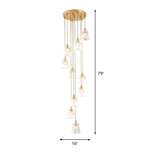Modern Gold Spiral Stair Suspension Lamp With 10 Crystal Bulbs