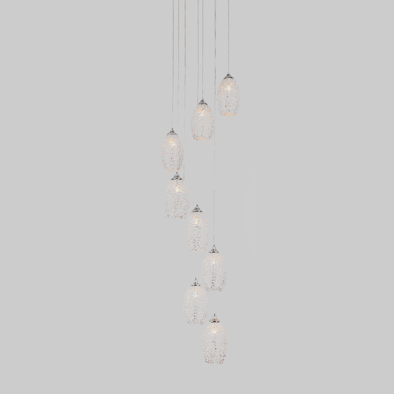 Contemporary Metallic Egg-Shaped Stair Pendant With 8 Bulbs Silver Hanging Lamp
