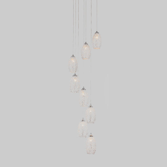 Contemporary Metallic Egg-Shaped Stair Pendant With 8 Bulbs Silver Hanging Lamp