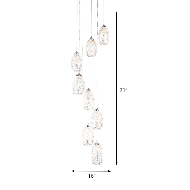 Contemporary Metallic Hanging Lamp: 8-Bulb Silver Egg Shape Stair Pendant