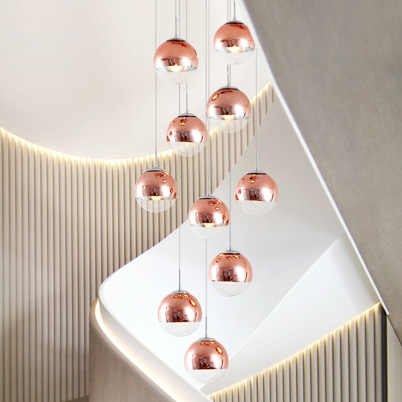 Minimalist 10-Light Rose Gold Stair Pendant Ceiling Fixture Red